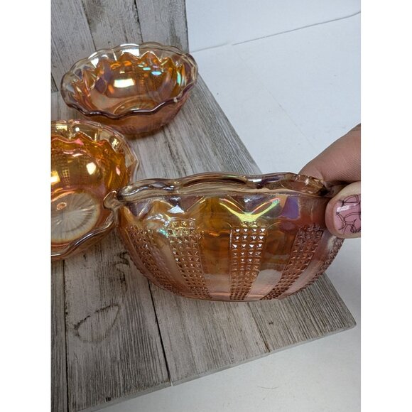 Set Of 7 Vintage Hazel Atlas Marigold Desert Bowls 4 1/2" Diamond Point Columns - Picture 2 of 7